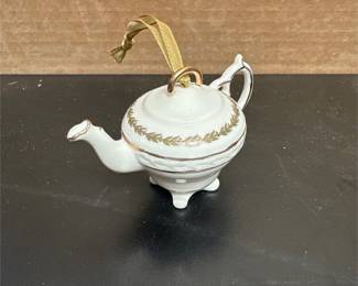 Porcelain Miniature Teapot Hanging Ornament with Gilt Laurel Garland