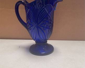 Cobalt Blue Pressed Glass Footed Pitcher, Star, Fan and Diamond Point Pattern