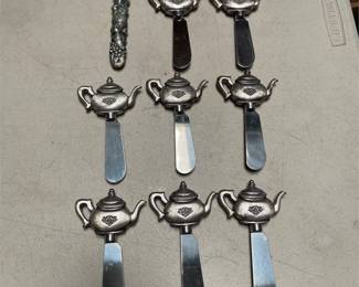 Eight Teapot-Handle Cheese Spreaders with Fruit-Cluster Handle Cheese Knife