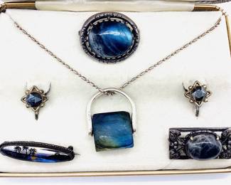 Bell & Acadia Silver Blue Stone Brooches, Earrings and Pendant Necklace
