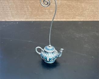 Blue Enamel and Rhinestone Miniature Teapot Photo and Place Card Holder