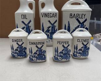 Czechoslovak Blue Windmill Canisters and Oil-and-Vinegar Bottles