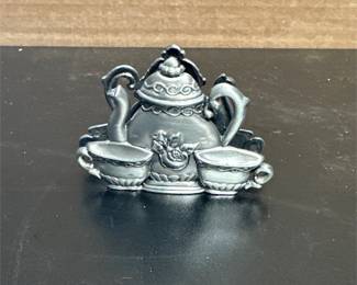 Teapot and Teacups Pewter-Tone Figural Business Card Holder