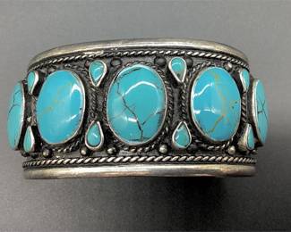 Silver-Tone Cuff Bracelet Marked Mexico with Turquoise-Colored Inlays