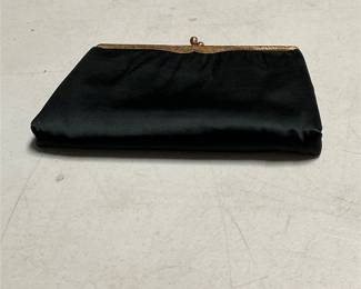 Morris Moskowitz MM Satin Black Evening Bag with Gold-Tone Kiss-Lock Frame