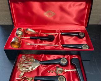 Six-Piece Gold-Tone Bar Tool Set with Black Coat-of-Arms Handles in Drawer Box
