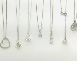 Nine Sterling Silver Necklaces with Hearts, Initials & Figural Pendants