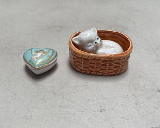 Spode Bone China Cherub Heart Trinket Box and Ceramic Kitten in Basket