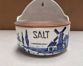 Blue-and-White Windmill Salt Box with Hinged Wooden Lid