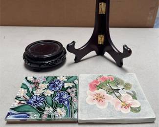 Two Floral Ceramic Art Tiles with Hinged Wood Plate Easel and Carved Wood Stand