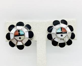 Zuni Sterling Silver Sunface Inlay Clip Earrings