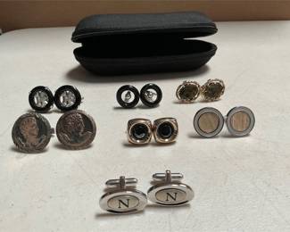 Seven Pairs of Men's Cufflinks with Black Zip Case