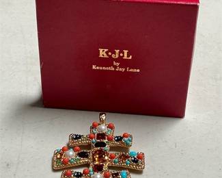 Kenneth Jay Lane KJL Jeweled Byzantine Triple-Bar Cross Pendant in Box