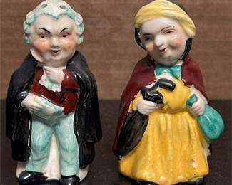 Sairey Gamp and Gentleman Figural Salt and Pepper Shakers, Hand-Painted Ceramic