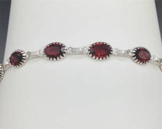 Sterling Silver Bracelet with Six Faceted Red Glass Ovals