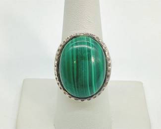 Sterling Silver Oval Malachite Ring with Textured Bezel