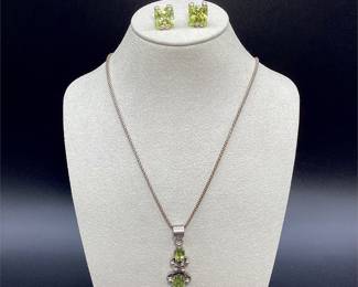 Sterling Silver Peridot Pendant Necklace and Green Glass Stud Earrings