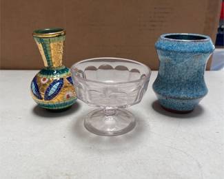Italian Oro Zecchino Mosaic Bud Vase, Glass Footed Sherbet and Blue Pottery Vase