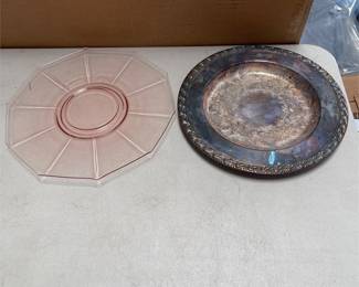 Wm. Rogers 711 Silverplate Tray with Pink Glass Serving Plate