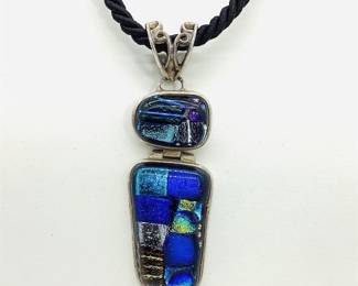 Sterling Silver Hinged Dichroic Glass Pendant on Black Cord Necklace