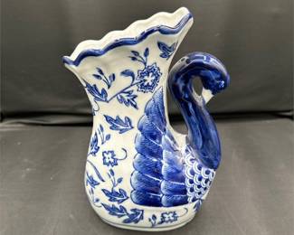 Blue and White Porcelain Swan Vase with Scalloped Rim and Cobalt Florals