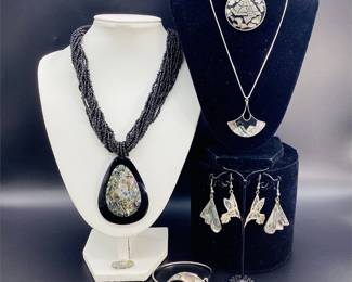 Abalone Shell Jewelry Group with Sterling Box Chain and Pyramid Brooch