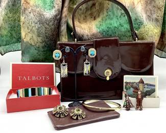 Swarovski, JBK and Talbots Jewelry with Brown Handbag and Turkish Scarf