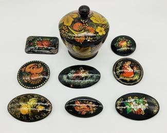 Eight Russian Hand-Painted Brooches with Floral Lidded Wood Bowl