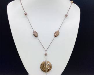 Sterling Silver Brown Stone and Cultured Pearl Necklace with Disc Pendant