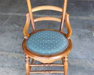 Eastlake Ladderback Armchair with Burl-Panel Crest and Teal Upholstered Seat