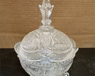 Crystal Three-Footed Lidded Candy Dish with Frosted Roses and Spire Finial