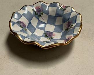 MacKenzie-Childs Honeymoon Morning Glory Fluted Bowl, Blue Check and Roses, 1996