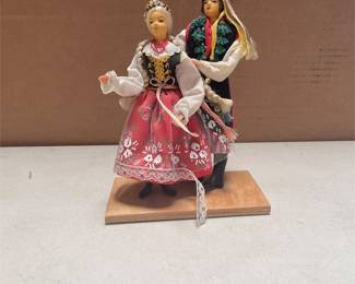 Polish Krakow Folk Costume Dancing Couple Dolls on Wood Base