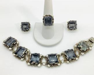 Mexican Silver Blue Stone Panel Link Bracelet, Ring and Earrings Set