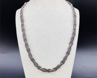 Sterling Silver Marcasite Necklace with Twisted Interlocking Links