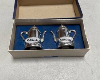 California Souvenir Silver-Tone Coffee Pot Salt and Pepper Shakers in Box