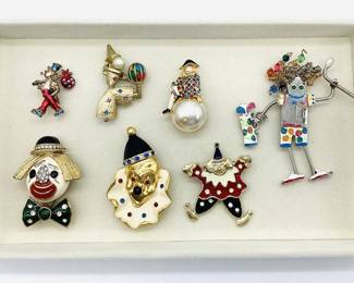 Seven Clown, Jester, Hobo and Golfer Figural Brooches