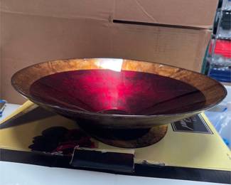 Italian Red and Gold-Tone Glass Centerpiece Bowl with Box