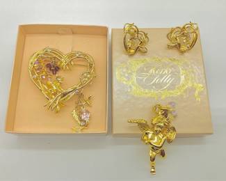 Kirks Folly Wisteria Heart Brooch, Hummingbird Earrings and Cherub Charm
