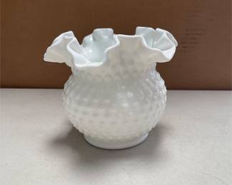 Fenton Hobnail Milk Glass Rose Bowl Vase with Double-Crimped Ruffled Rim