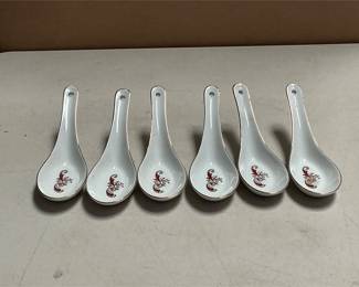 Tatung Porcelain Soup Spoons, Set of Six, Red and Gold Scroll with Pink Flowers