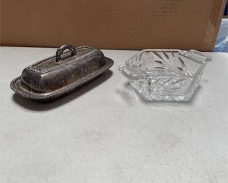 English Silver Mfg. Silverplate Covered Butter Dish with Cut Glass Handled Dish