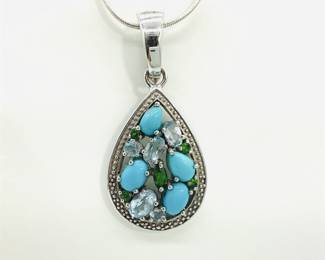 Sterling Silver Blue Topaz Teardrop Cluster Pendant with Snake Chain