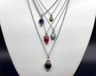 Five Sterling Silver Colored Stone Pendant Necklaces