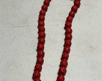 Chinese Carved Cinnabar Lacquer Bead Necklace with Filigree Clasp