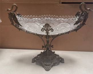 Cut Glass Oval Centerpiece Bowl in Cast Metal Stand with Winged Swan Handles