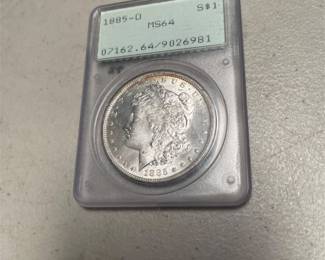 1885-O Morgan Silver Dollar PCGS MS64, Rattler Holder