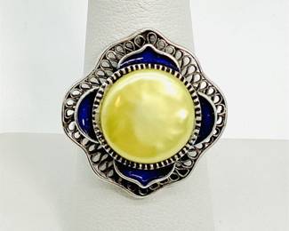 BJ Sterling Silver Yellow Mother-of-Pearl and Blue Enamel Ring