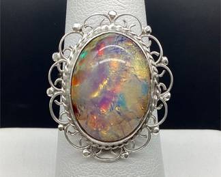 Mexican Sterling Silver Faux Fire Opal Filigree Ring