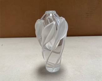 William Glasner Signed Clear Art Glass Perfume Bottle with Frosted Leaves